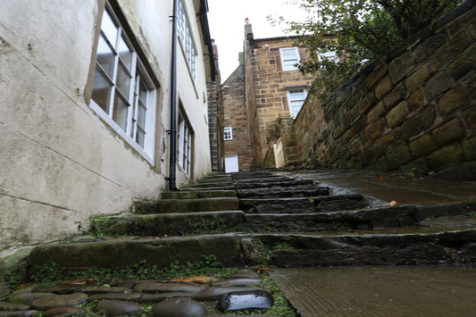 Wet mossy stone steps between old British buildings with white windows and stone wall