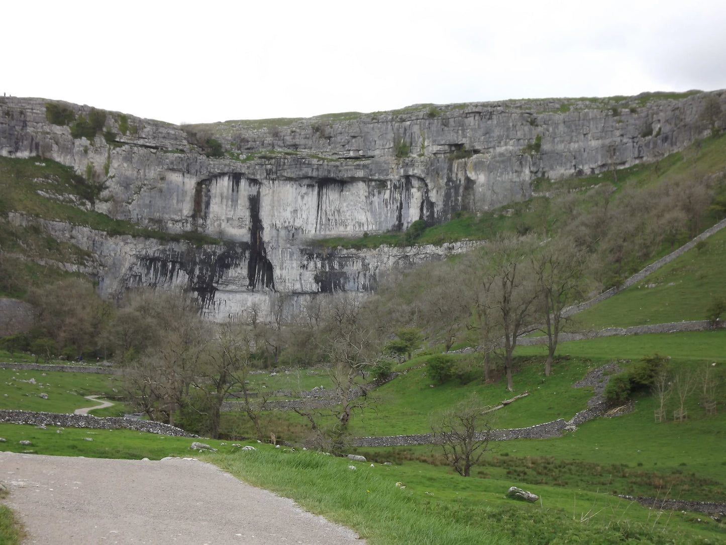 Yorkshire limestone cliffs with green grassy fields and stone walls under cloudy sky