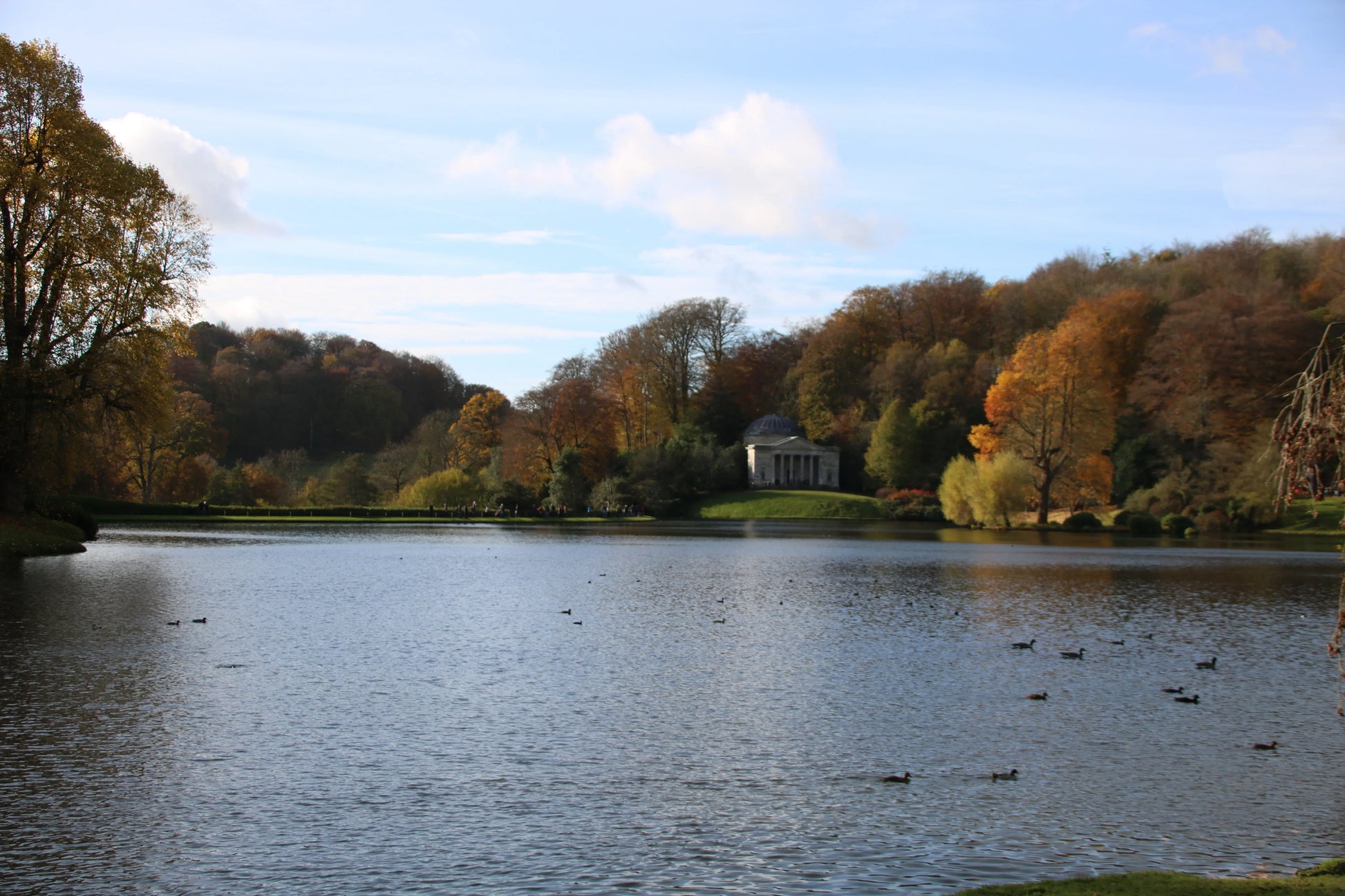 Autumn landscape with a calm lake, ducks swimming, and a classical pavilion among colorful trees
