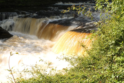 British landscape featuring a sunlit waterfall cascading over rocks with lush green foliage