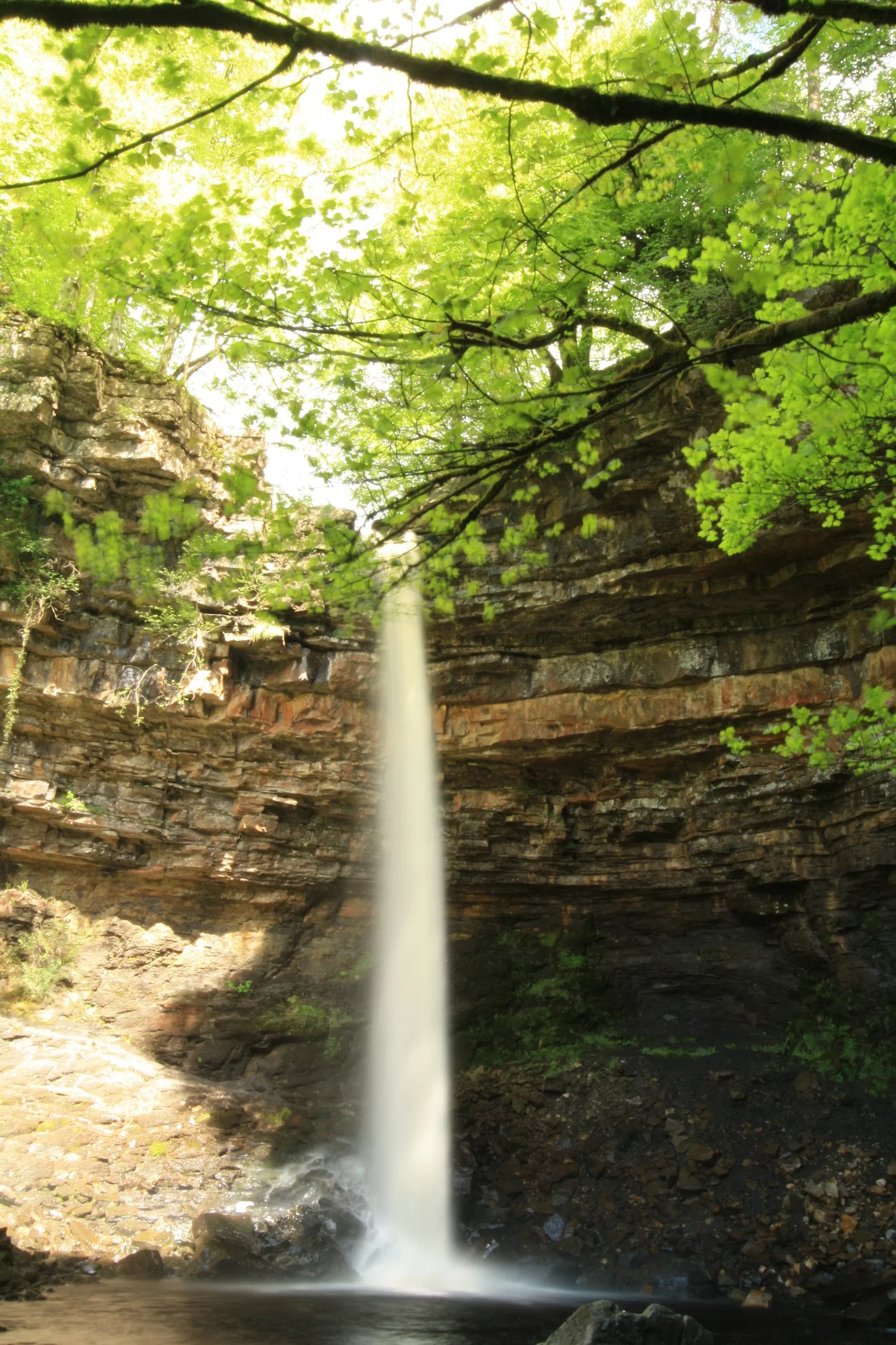 British landscape with waterfall cascading over rocky cliff surrounded by green foliage