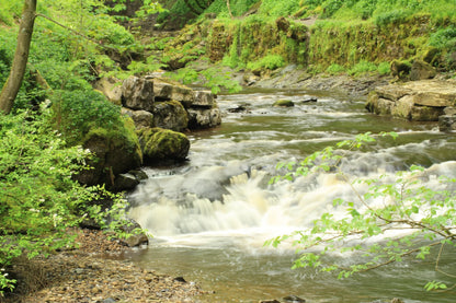 British landscape with flowing river waterfall surrounded by green trees and moss-covered rocks