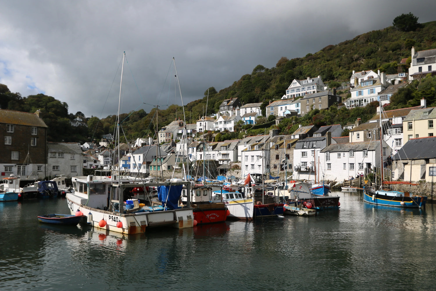 Fishing boats moored in a serene harbor with white coastal cottages and green hillside under cloudy sky