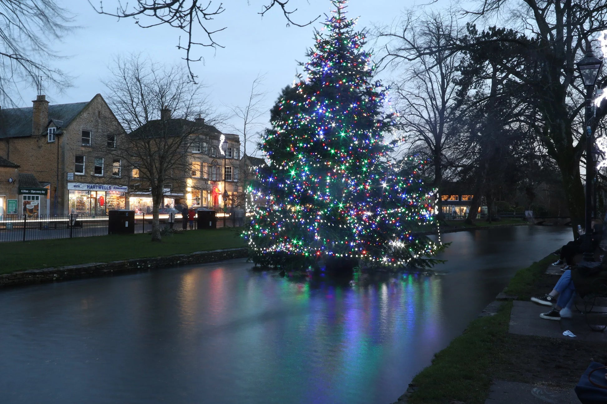 Large Christmas tree decorated with multicolored lights by a river in a British town at dusk