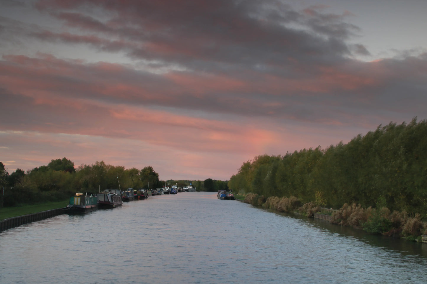Calm river at sunset with moored narrowboats on the left and dense green trees on the right under a pink and gray cloudy sky
