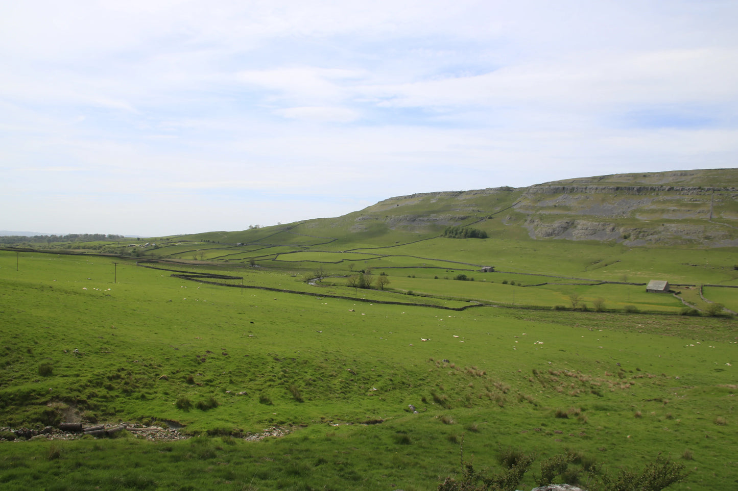 Green rolling hills and farmland with scattered sheep under a partly cloudy sky in British countryside