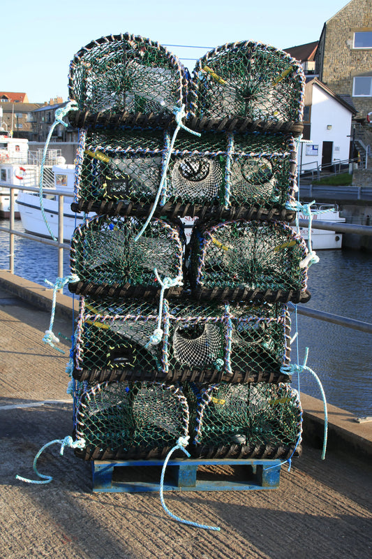 Stack of green fishing lobster crab pots with blue ropes on dockside near boats in British harbor