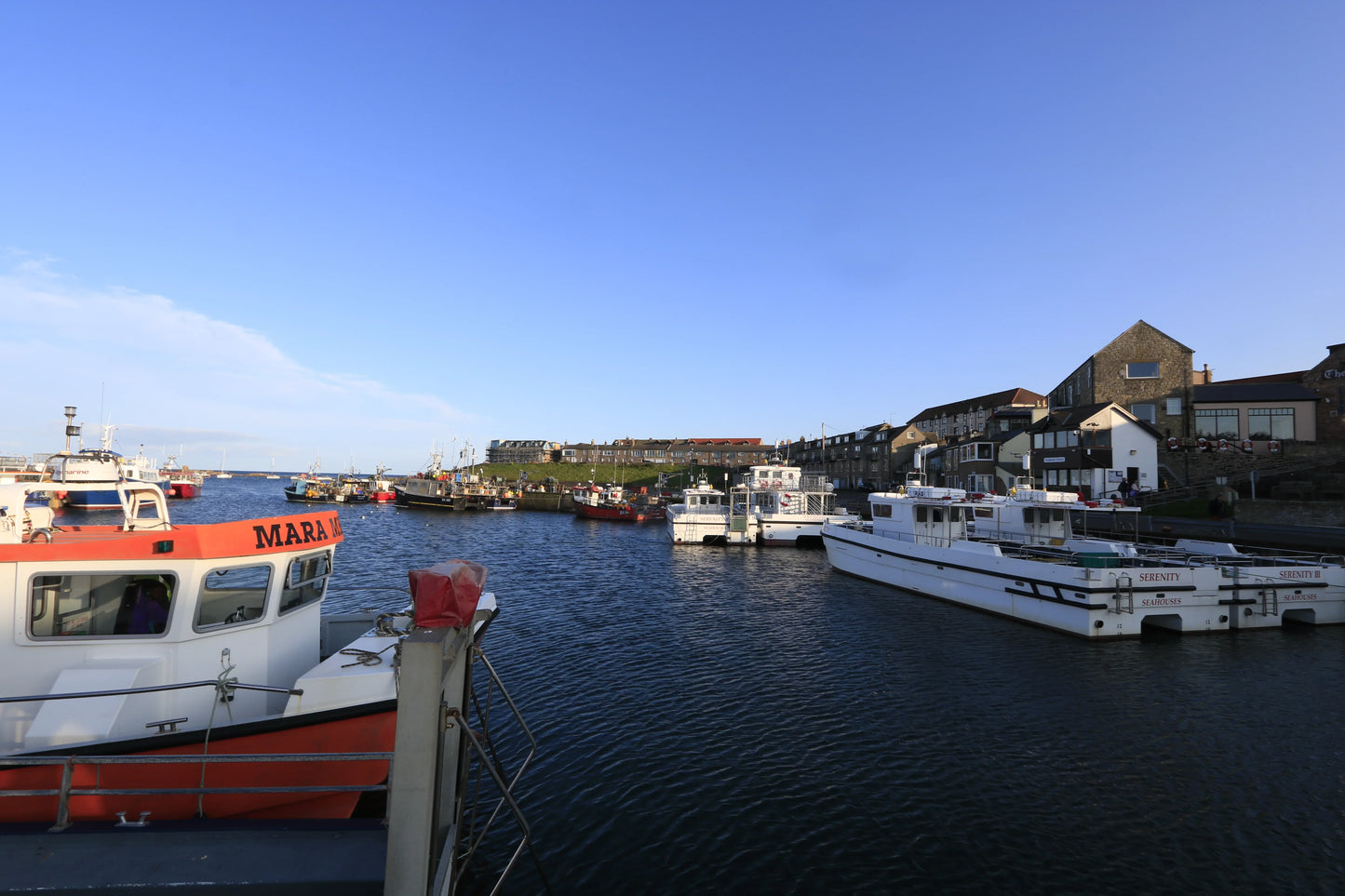 Fishing boats and catamarans docked at a coastal harbor with stone buildings under a clear blue sky