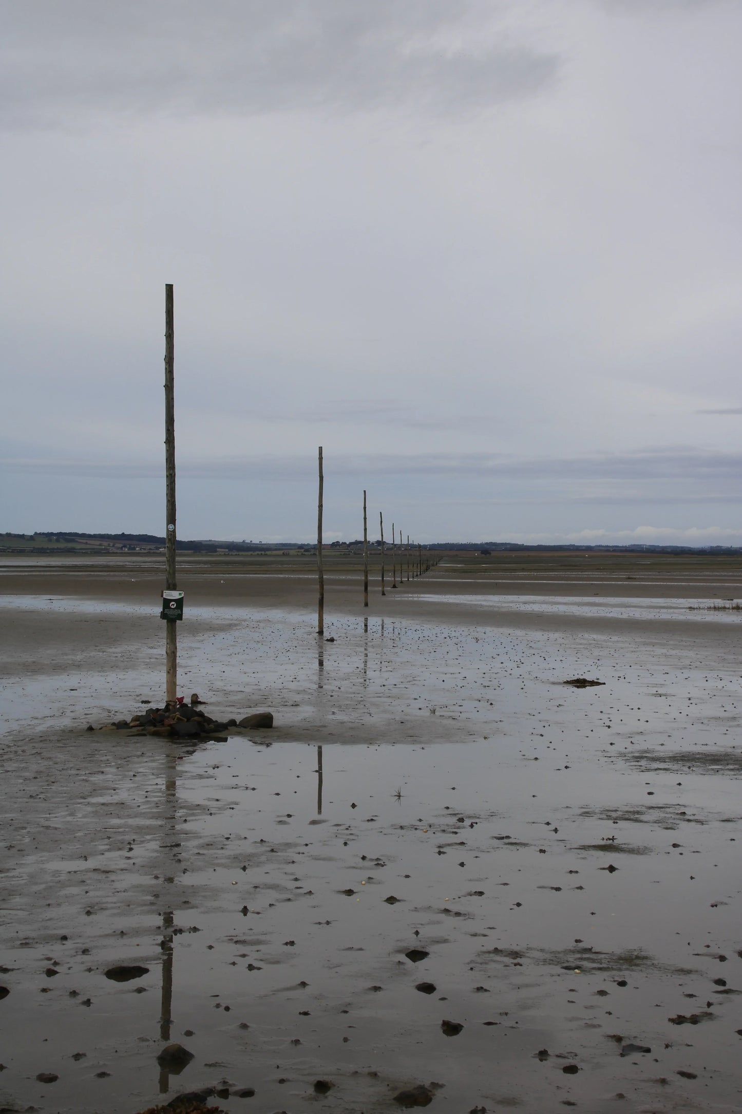 Pilgrim Way posts marking Northumberland tidal path across Lindisfarne mudflats under overcast sky