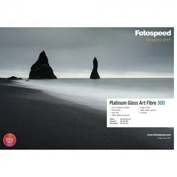 Fotospeed Platinum Gloss Art Fibre 300gsm fine art print paper with black sand beach and sea stacks landscape
