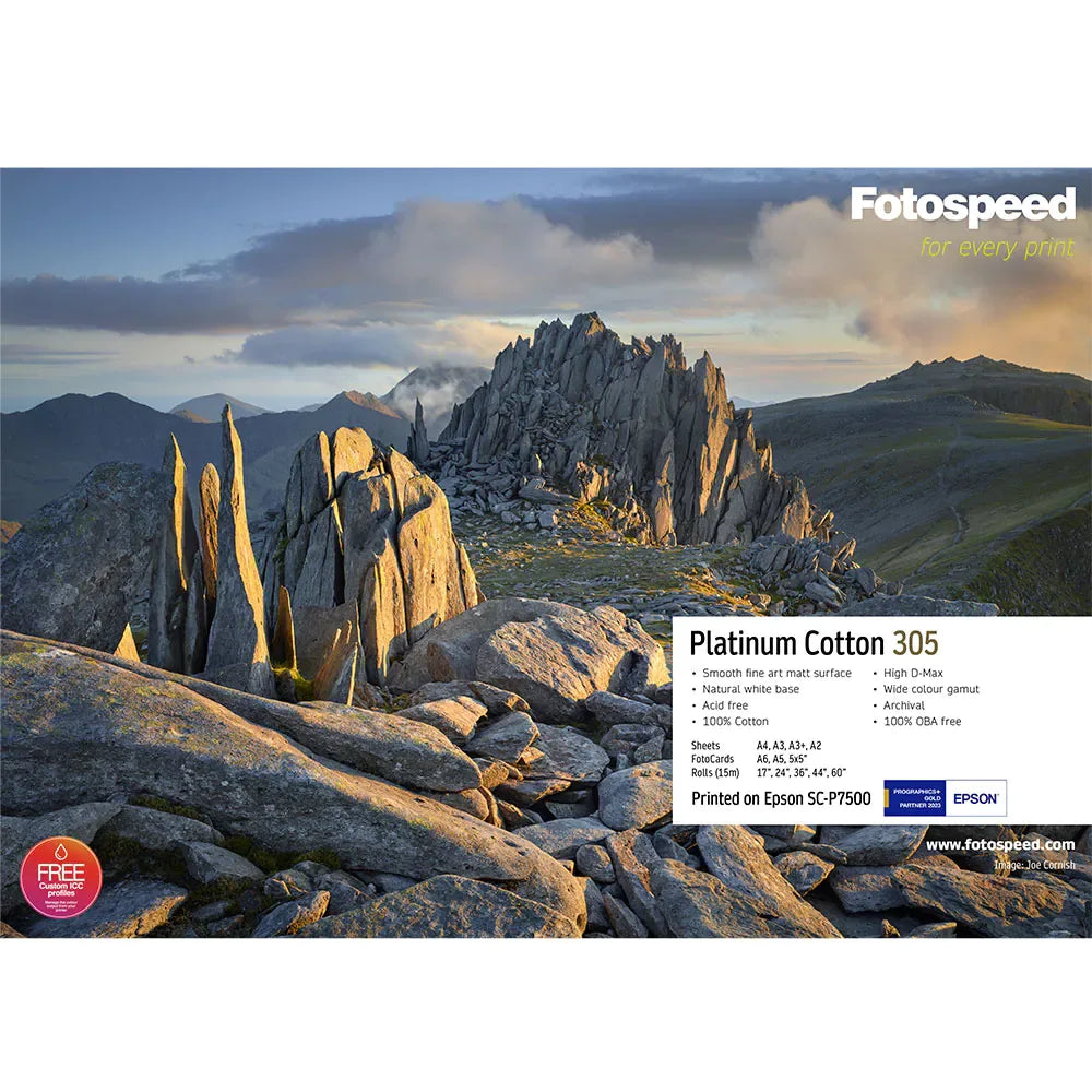 Landscape print of rocky mountain peaks and boulders for Fotospeed Platinum Cotton 305 fine art paper