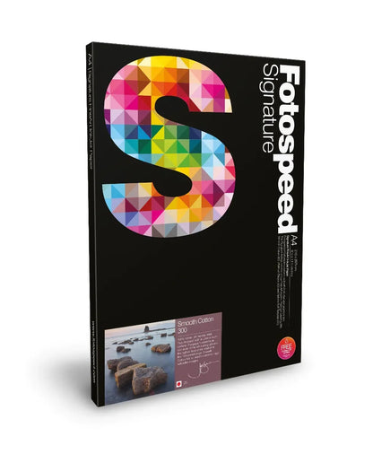 Fotospeed Signature Smooth Cotton 300 A4 fine art photographic paper pack with colorful mosaic S on black cover