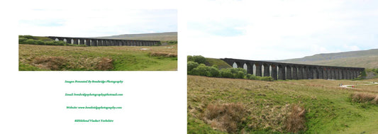 Ribblehead Viaduct stone railway bridge in Yorkshire moorland with green fields and hills