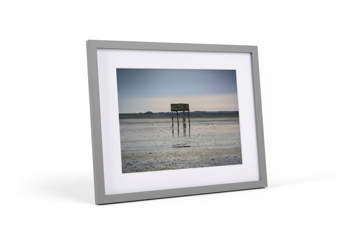 Framed print of Lindisfarne bird hide over a muddy tidal flat under soft sky, British wildlife photography