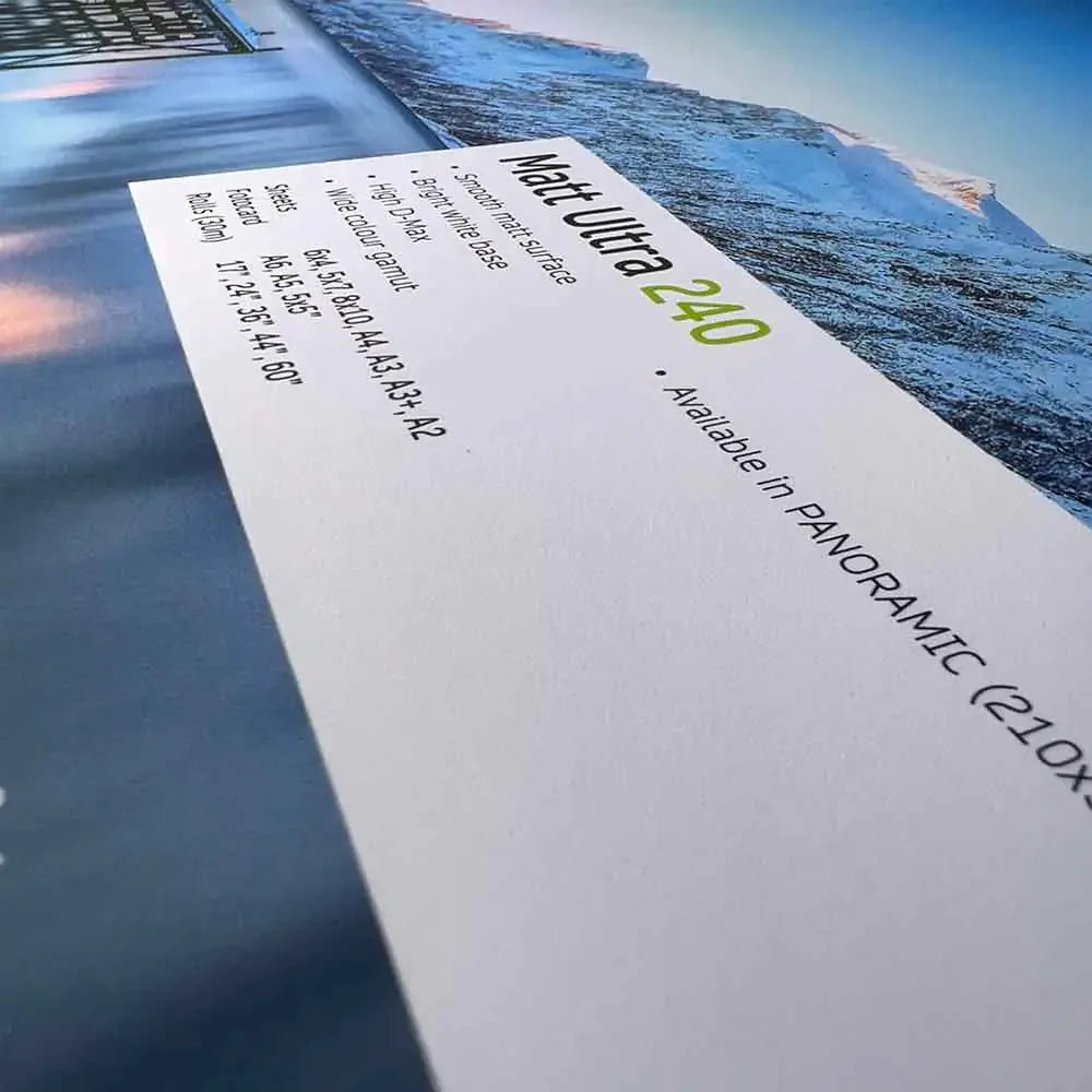 Close-up of Matt Ultra 240 fine art print label highlighting smooth matte surface and wide colour gamut on gallery-quality paper