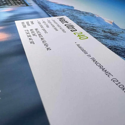 Close-up of Matt Ultra 240 fine art print label highlighting smooth matte surface and wide colour gamut on gallery-quality paper