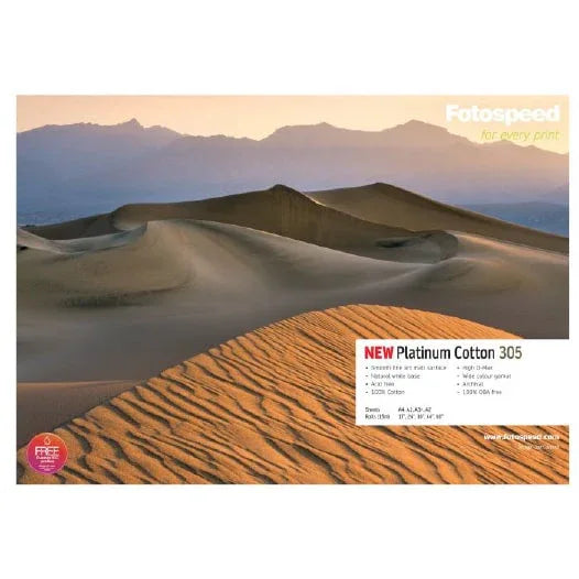 Sunlit sand dunes under a soft sky, showcasing Platinum Cotton 305 textured paper by Fotospeed