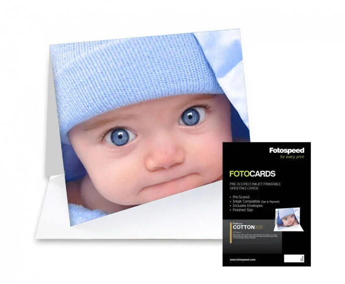 Photospeed Fotocards with blue-eyed baby image, pre-scored inkjet printable greeting cards on platinum cotton paper
