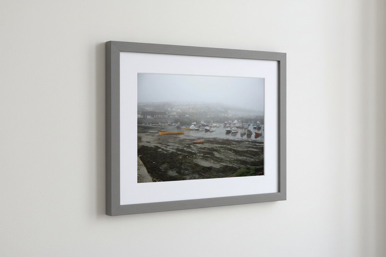 Porthleven Misty Harbour Framed Mockup