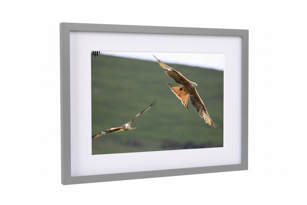 Framed fine art print of red kites in flight over green hillside by Bembridge Photography