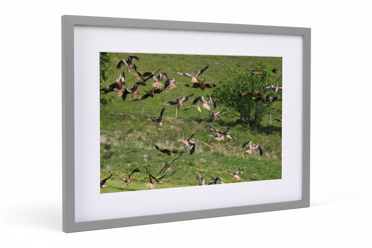 Framed print of a flock of red kites flying over green grass and trees, British wildlife photography
