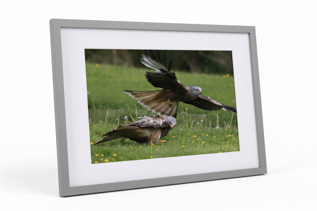 Framed print of two red kites, one perched on grass and one flying, British wildlife photography