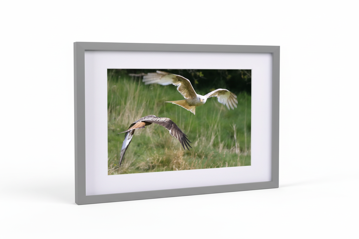Framed photograph of two red kites in flight over green grass, fine art wildlife print