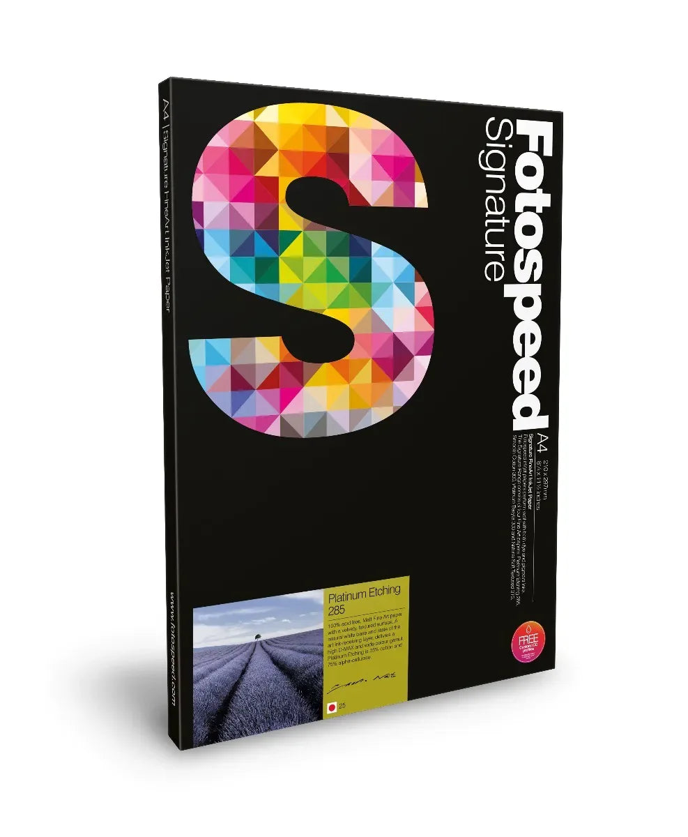 Fotospeed Signature Platinum Etching A4 inkjet paper pack with colorful geometric S on black cover