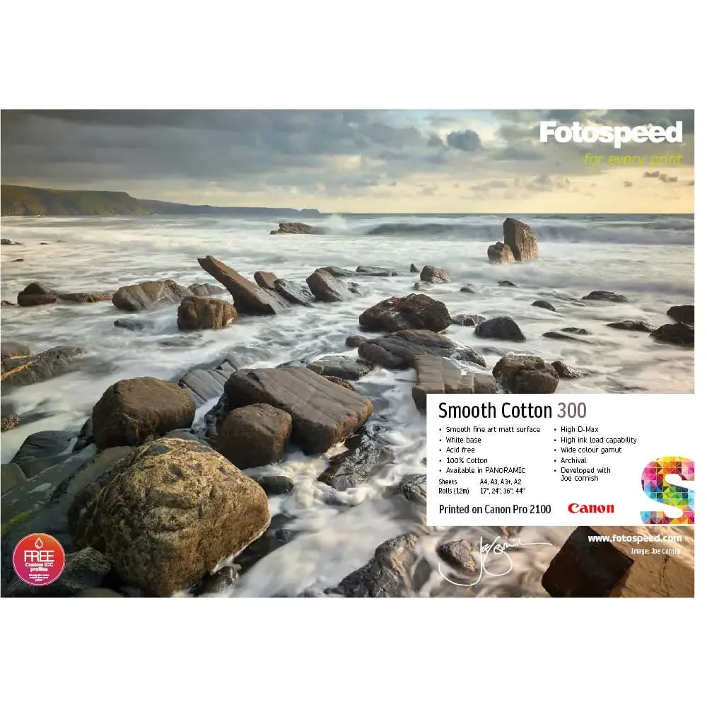 Seascape with rocky shore and cloudy sky printed on Fotospeed Smooth Cotton 300 fine art matte paper