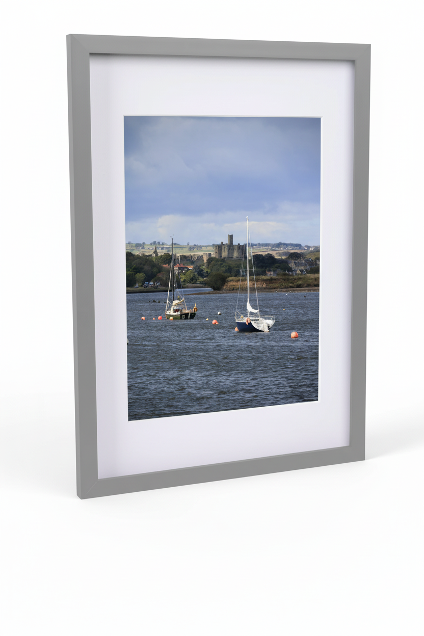 Framed fine art print of Warkworth Castle with sailboats on the river, British landscape photography